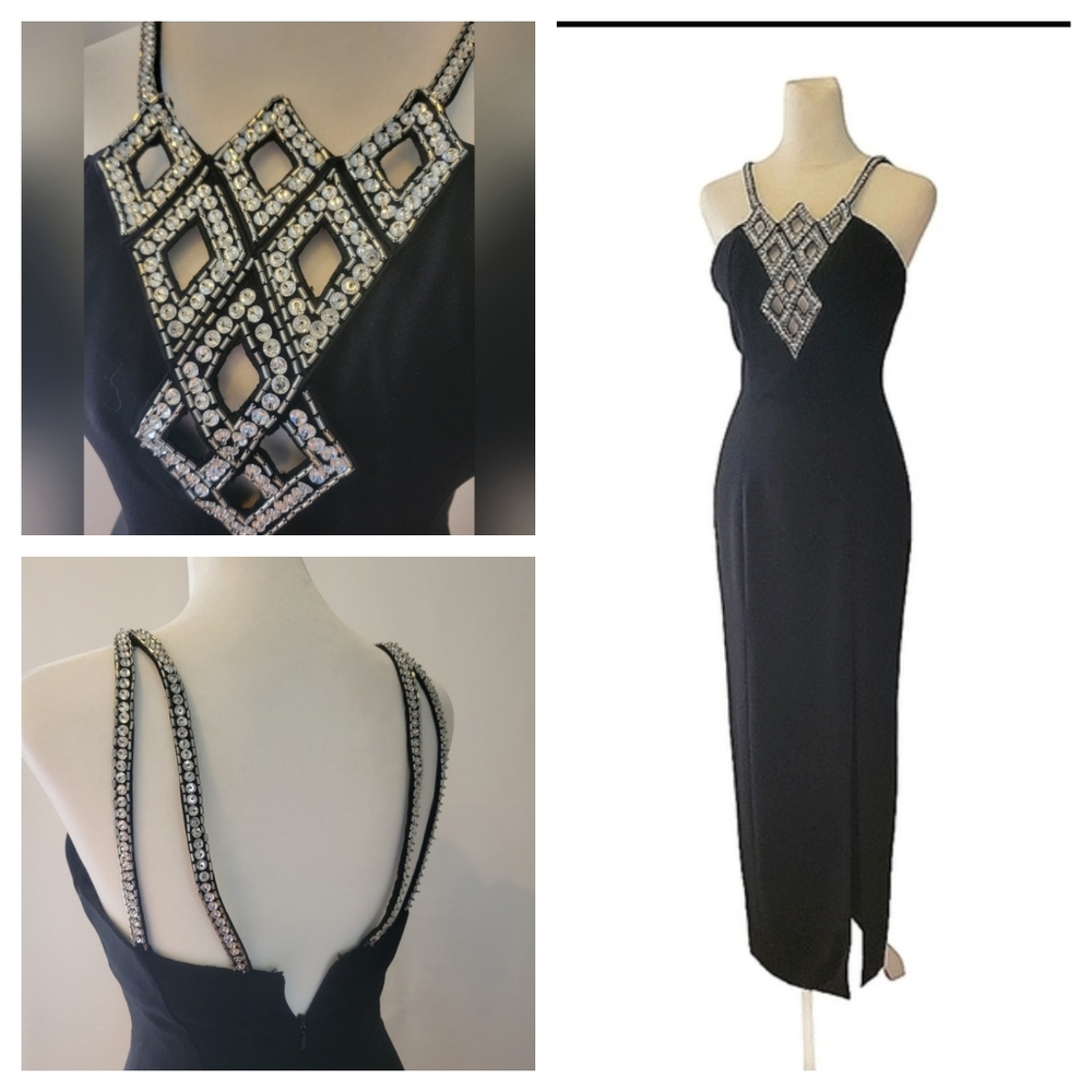 Vintage Black Prom Gown with Geometric Crystal Neckline